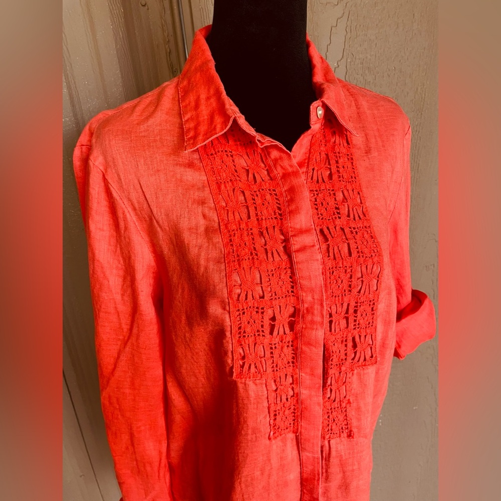 Nurture 100% Linen Button Top Hot Coral Crochet Lace Panel Roll Tab Long Slv L